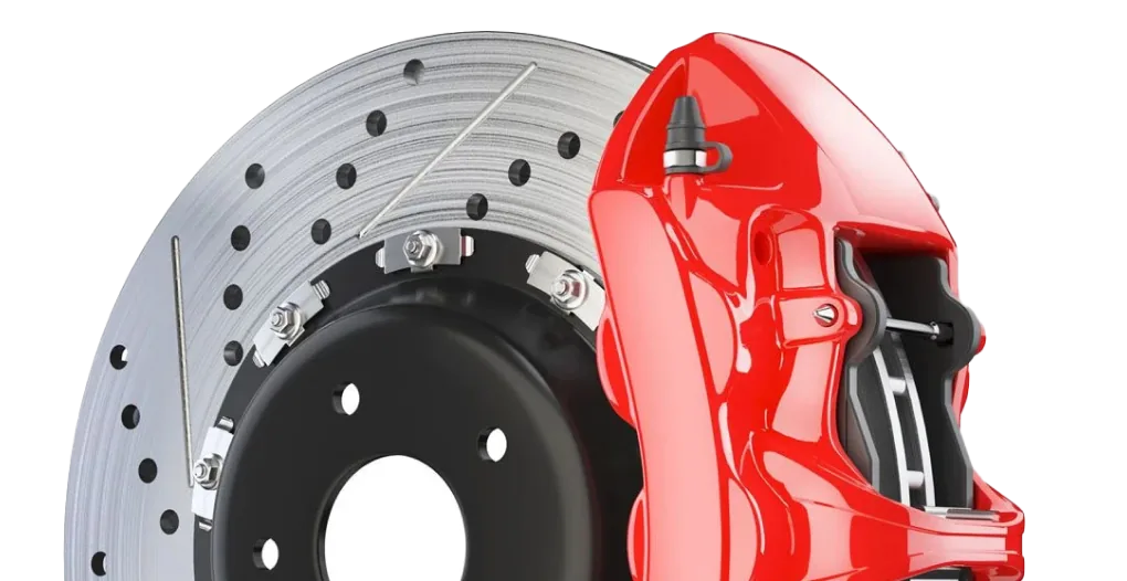 Red brake caliper and disc rotor for European car brake servicing Brisbane