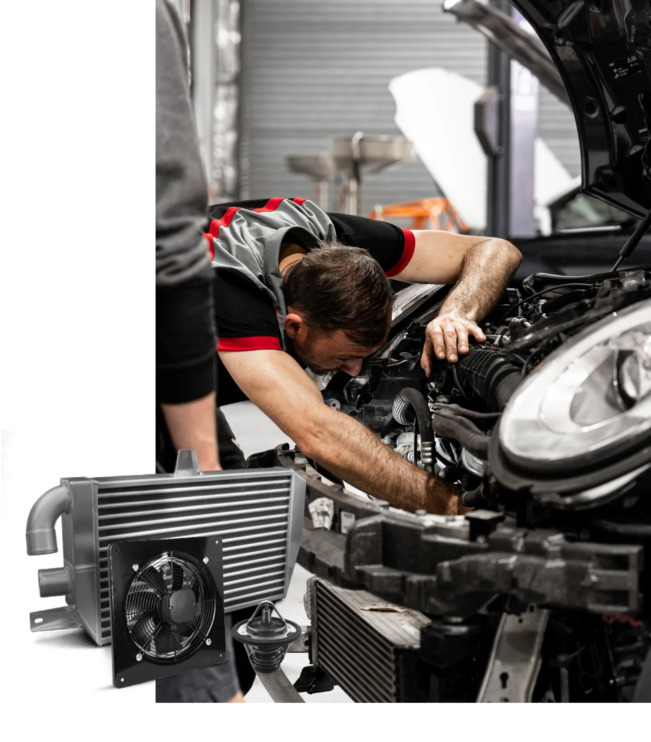 Mechanic repairing European car cooling system with intercooler at Bosch Service Brisbane