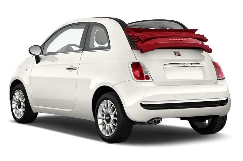 White Fiat 500 convertible with red soft top and alloy wheels