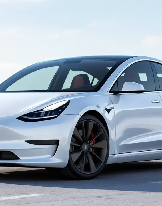 White Tesla Model 3 with performance tyres parked on Brisbane road