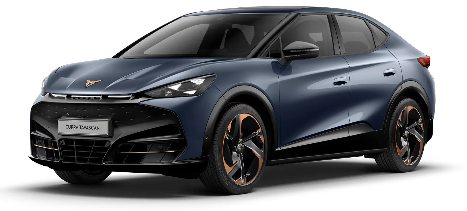 Dark blue CUPRA Tavascan SUV with copper wheel accents on white background