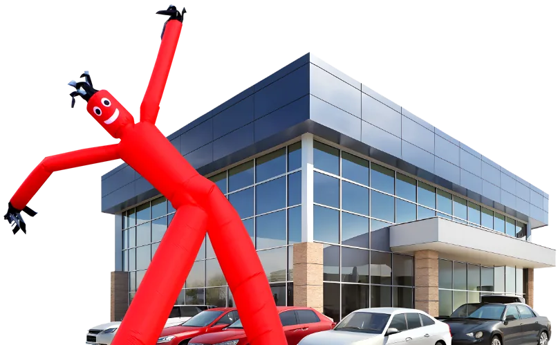Modern European car service workshop with inflatable advertising dancer and luxury vehicles parked outside