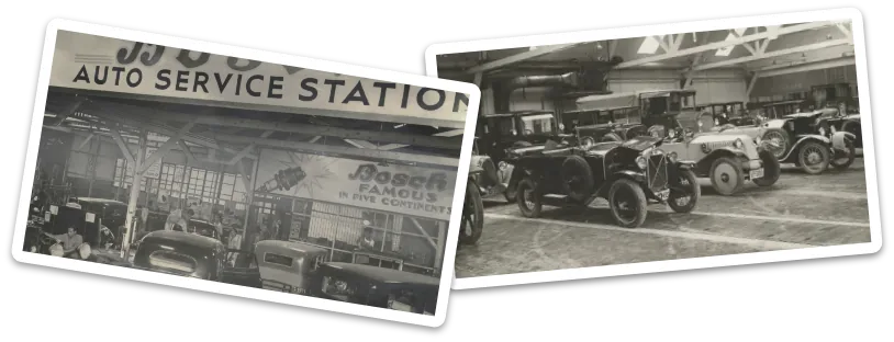 Vintage black and white photos showing historic Bosch auto service station and European cars