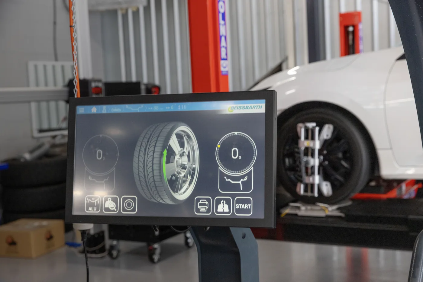 Beissbarth 3D wheel alignment machine measuring a vehicle at Bosch Service Brisbane